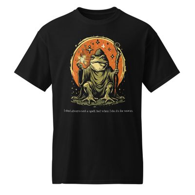 Humorous wizard frog graphic design with a magical staff, stars, and the text &#39;I don&#39;t always cast a spell, but when I do, it&#39;s for snacks.&#39; Ideal for hoodies, t-shirts, and sweatshirts.