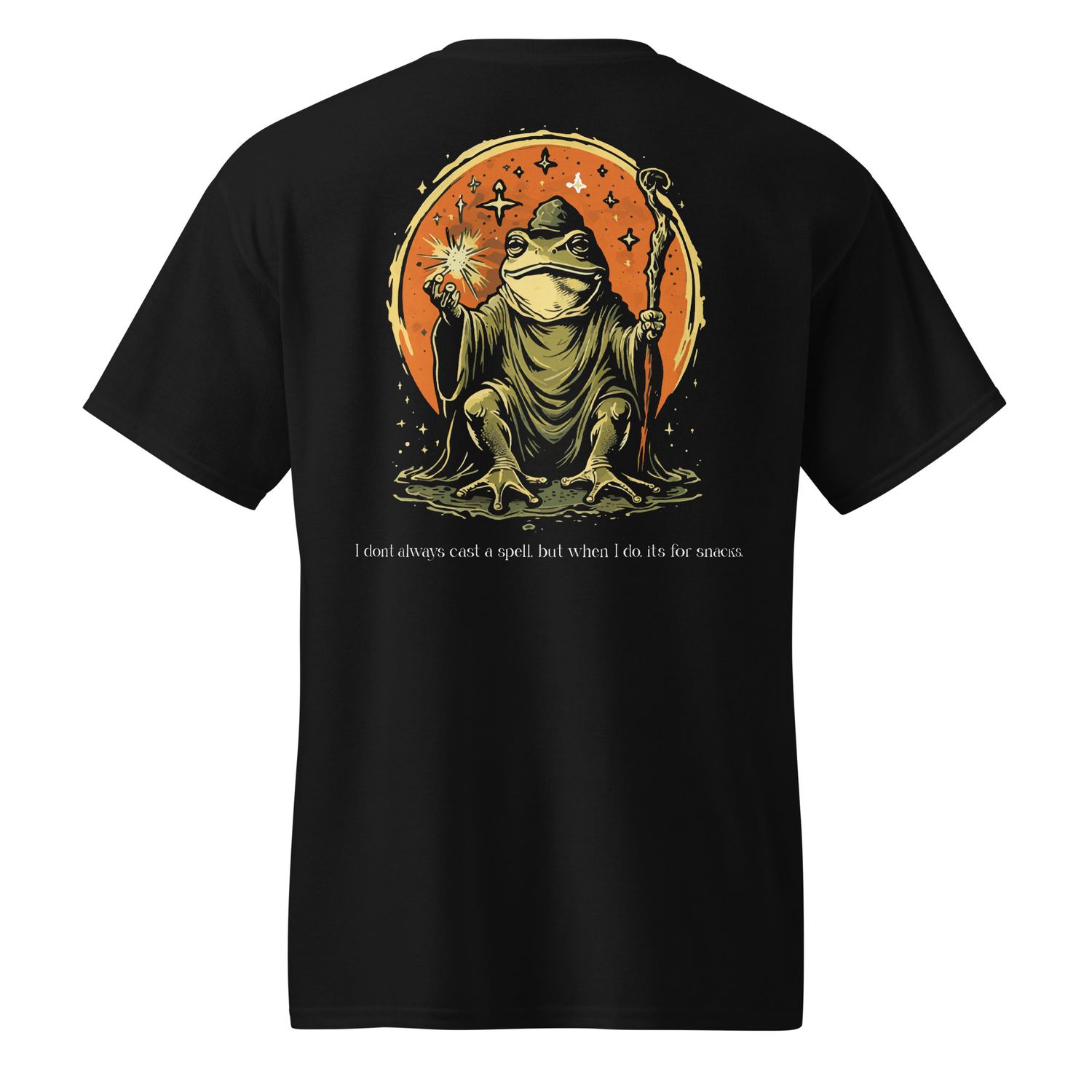 Humorous wizard frog graphic design with a magical staff, stars, and the text &#39;I don&#39;t always cast a spell, but when I do, it&#39;s for snacks.&#39; Ideal for hoodies, t-shirts, and sweatshirts.