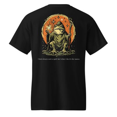 Humorous wizard frog graphic design with a magical staff, stars, and the text &#39;I don&#39;t always cast a spell, but when I do, it&#39;s for snacks.&#39; Ideal for hoodies, t-shirts, and sweatshirts.