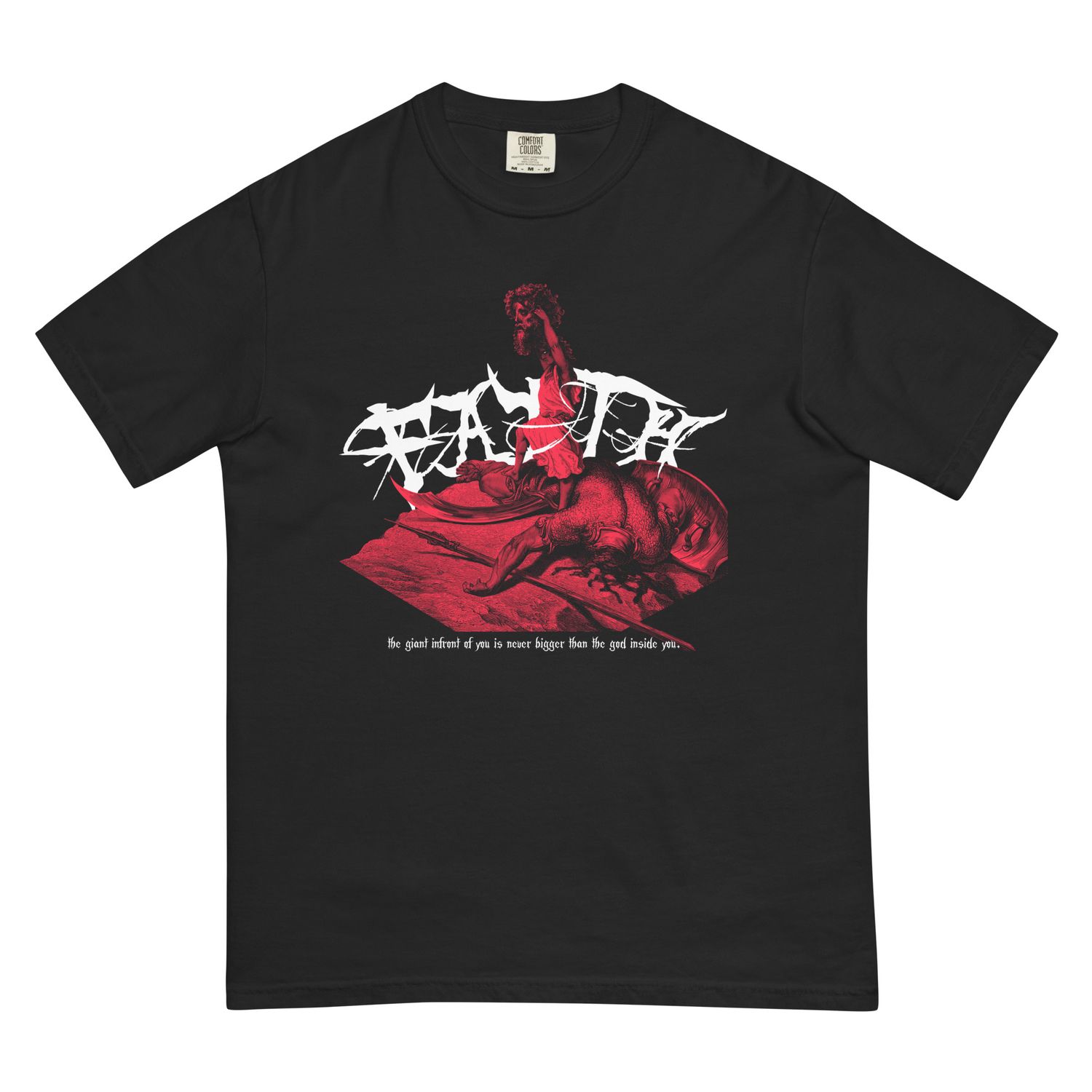 A graphic t-shirt featuring a red and black illustration of David standing over Goliath, holding his severed head. The word “Faith” appears in gothic typography behind them, emphasizing strength and courage.