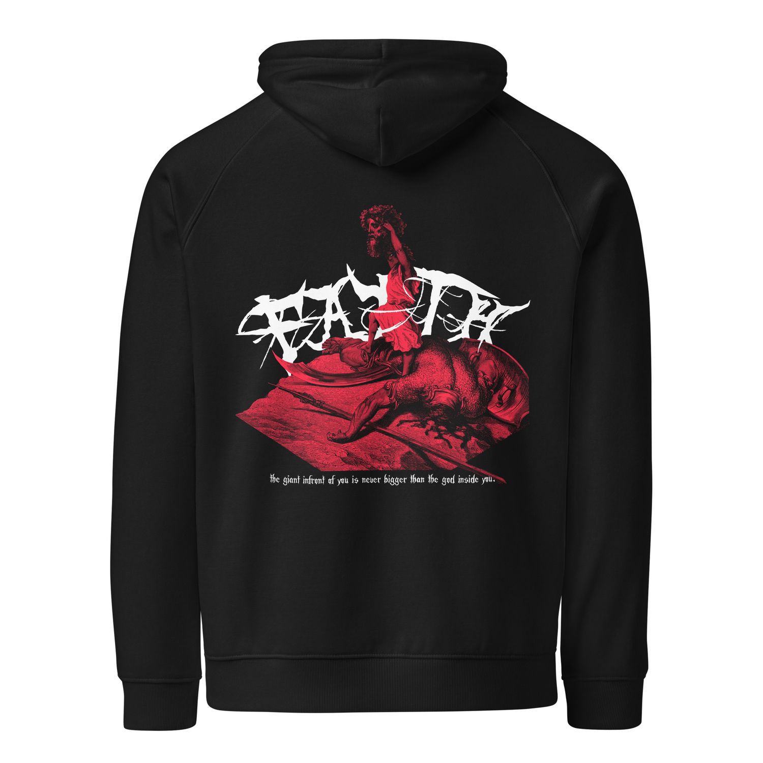A graphic t-shirt featuring a red and black illustration of David standing over Goliath, holding his severed head. The word “Faith” appears in gothic typography behind them, emphasizing strength and courage.