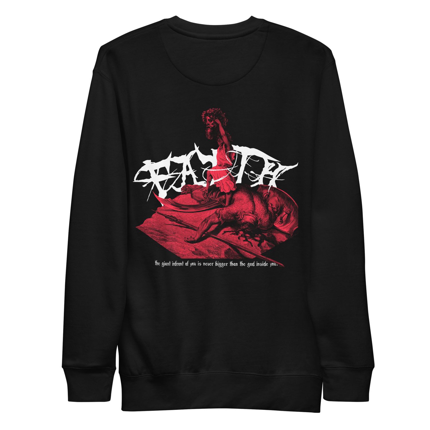 A graphic t-shirt featuring a red and black illustration of David standing over Goliath, holding his severed head. The word “Faith” appears in gothic typography behind them, emphasizing strength and courage.