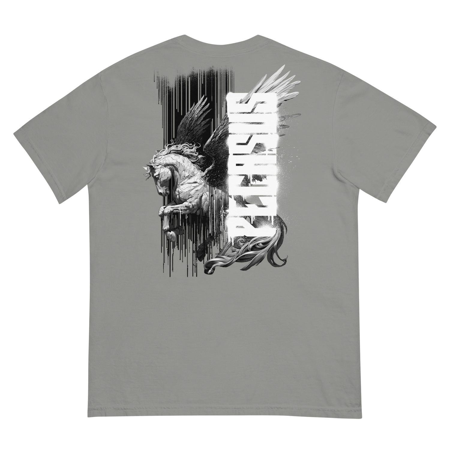 Grey Pegasus graphic tee, detailed winged horse art, minimalist streetwear.
