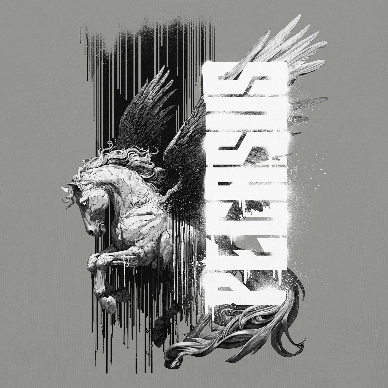 Grey Pegasus graphic tee, detailed winged horse art, minimalist streetwear.