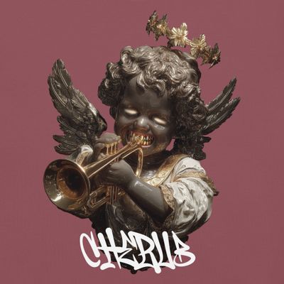 Burgundy Cherub graphic tee, golden angel trumpet design, Aphodis streetwear.