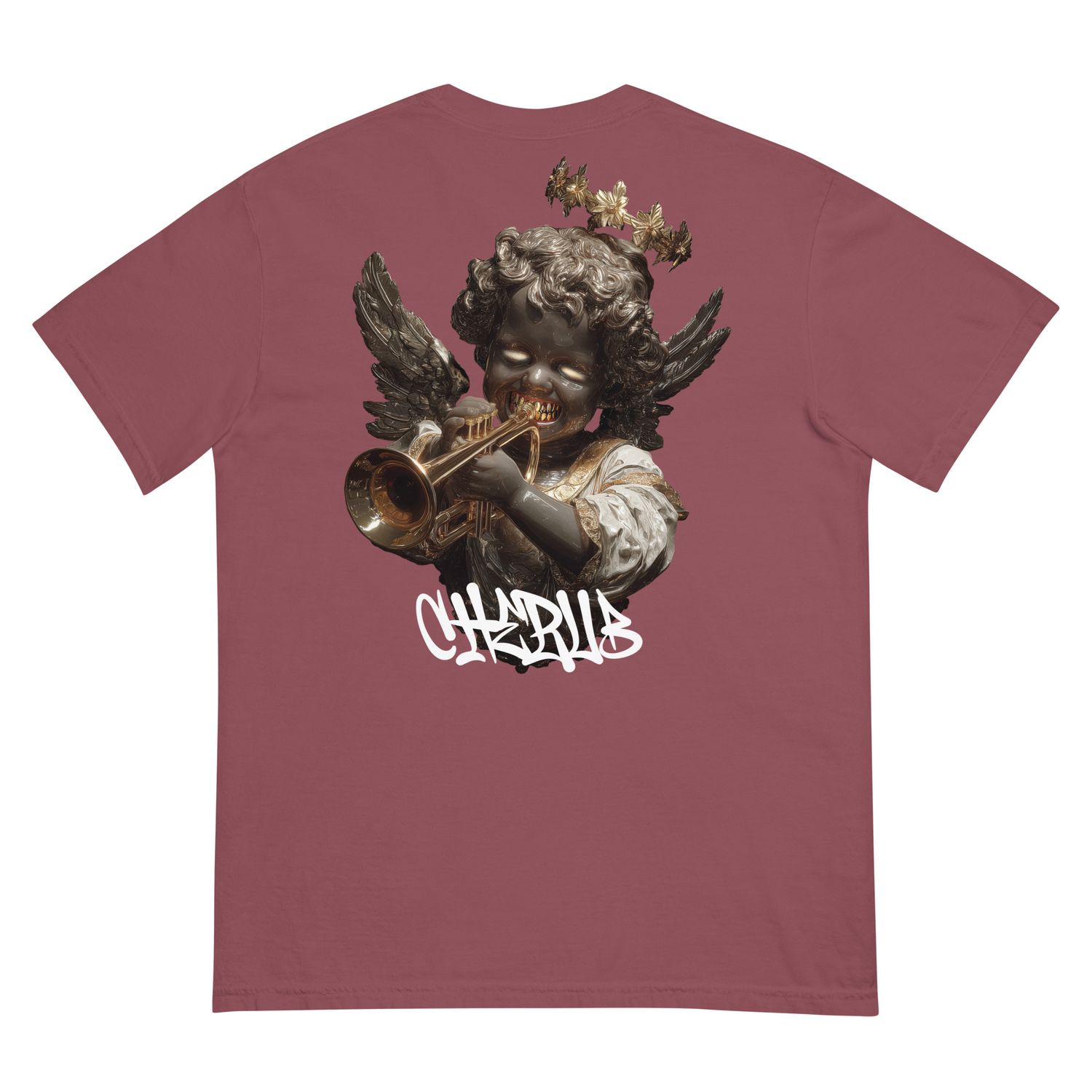 Burgundy Cherub graphic tee, golden angel trumpet design, Aphodis streetwear.