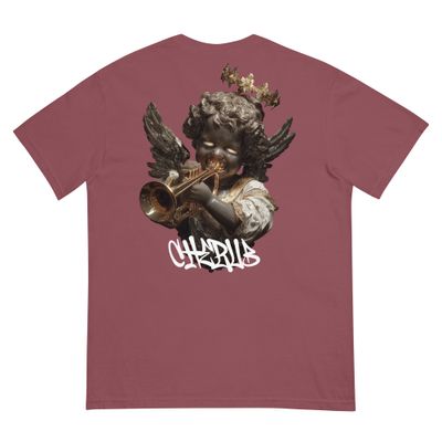 Burgundy Cherub graphic tee, golden angel trumpet design, Aphodis streetwear.