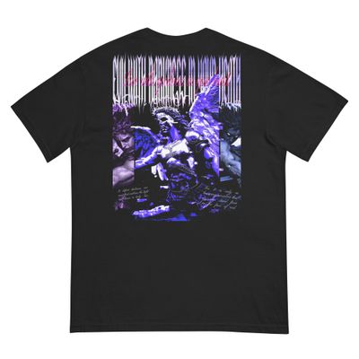 Archangel Michael streetwear graphic tee in blue and purple tones, mythic art design.