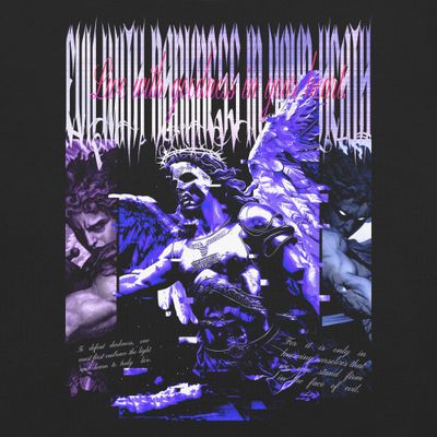 Detailed view of Archangel Michael artwork with gothic typography and vivid contrast.