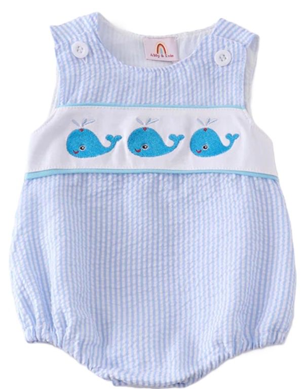 Seersucker Whale Boys Romper, Size: 9M