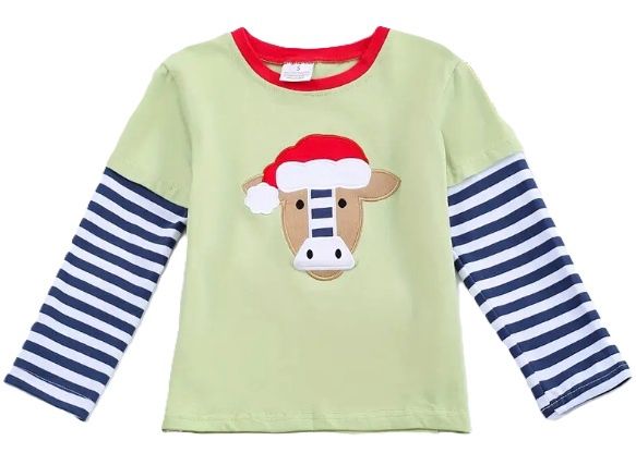 Christmas Applique Cow LS T Shirt