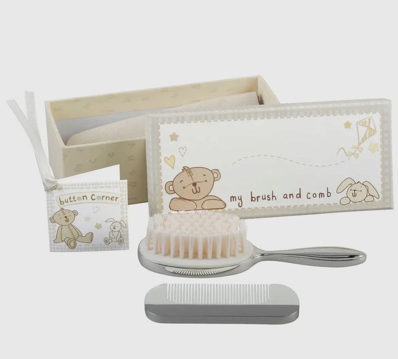 Silver Plated Button Corner Brush &amp; Comb Set