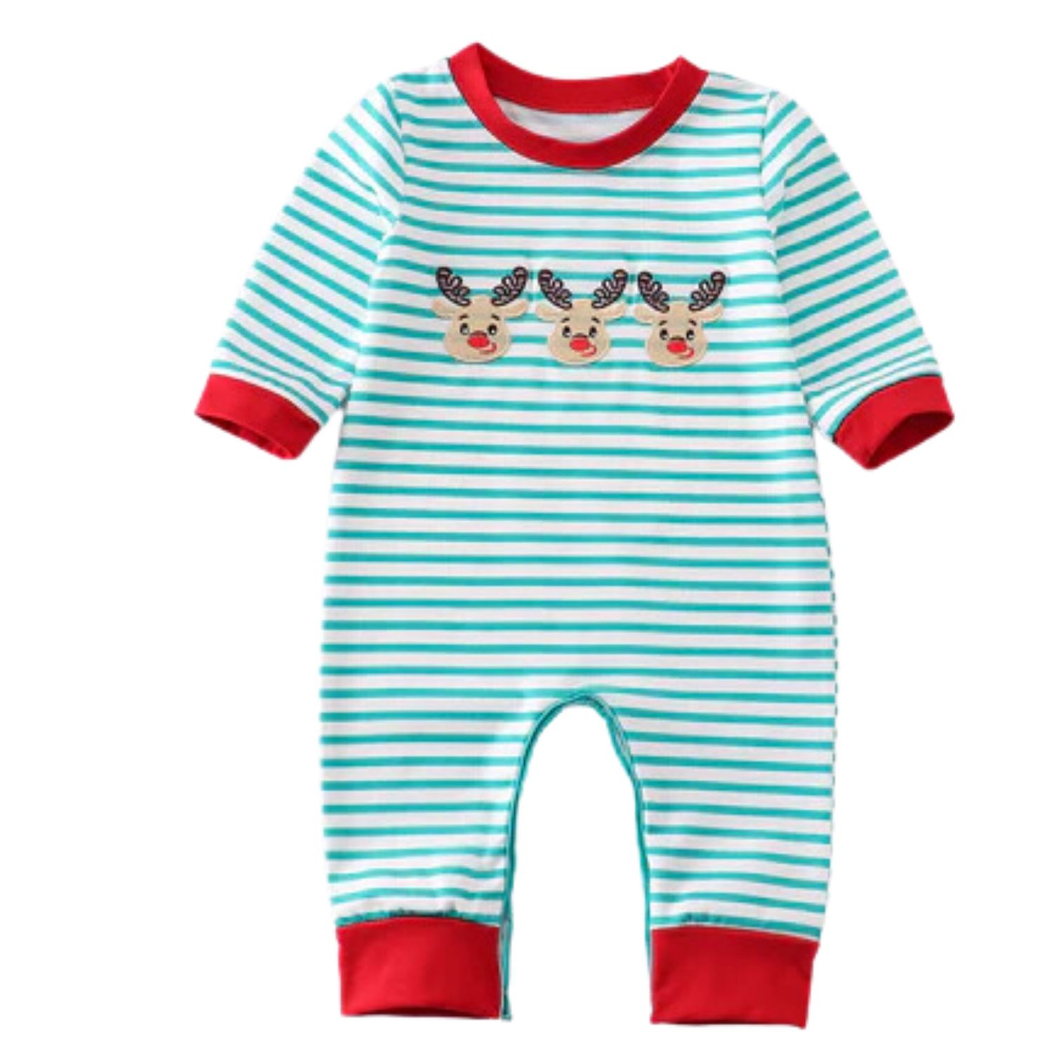 Green Striped Reindeer Boys Romper