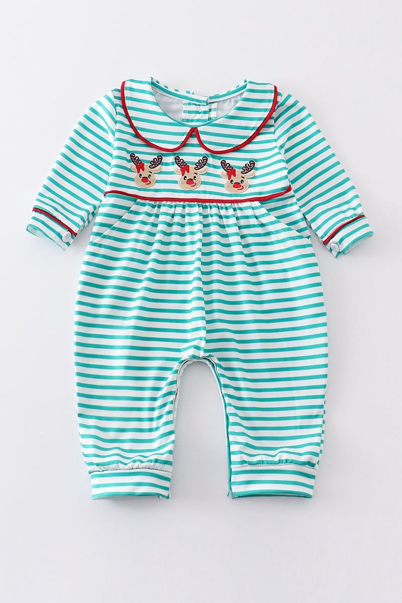 Green Striped Reindeer Girls Romper