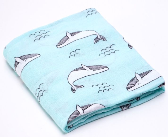 Aqua Muslin Whale Blanket