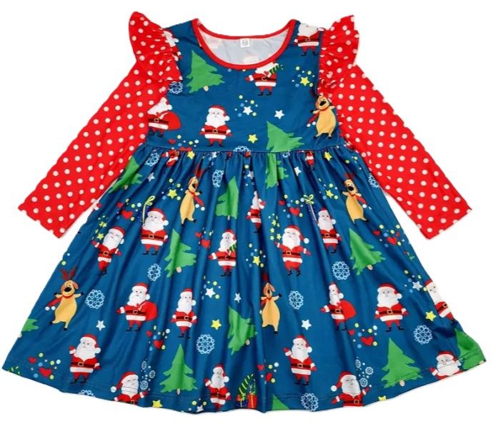 Blue Red Polka Dot LS Santa Dress