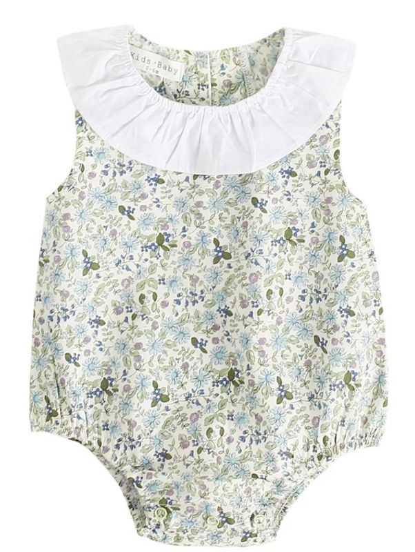 Green Floral White Collar Romper