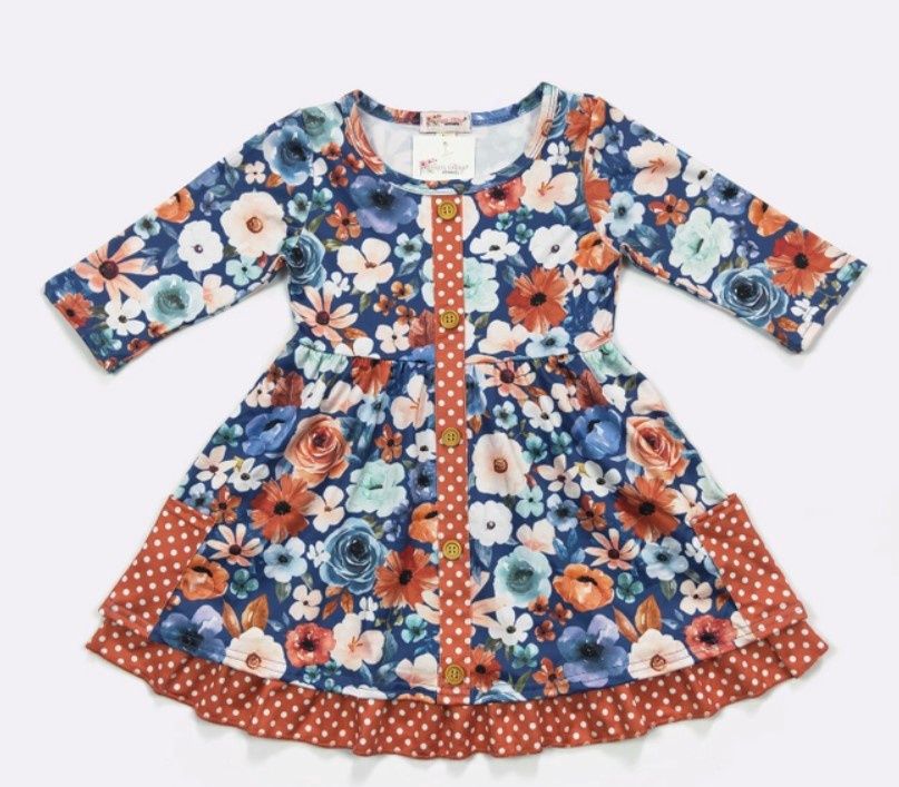 Blue Rust Flower LS Dress