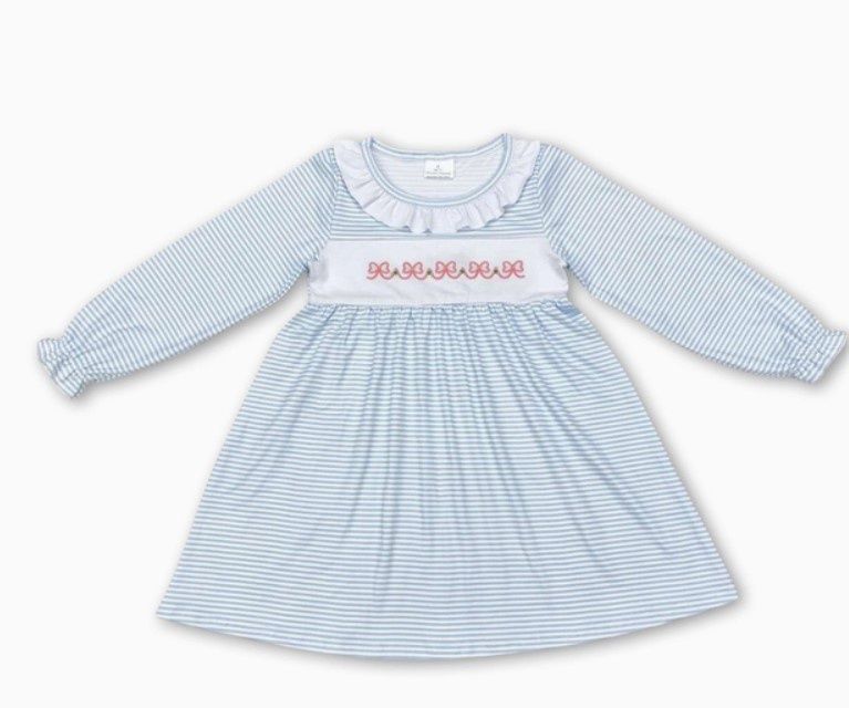 Blue Striped LS Bow Dress