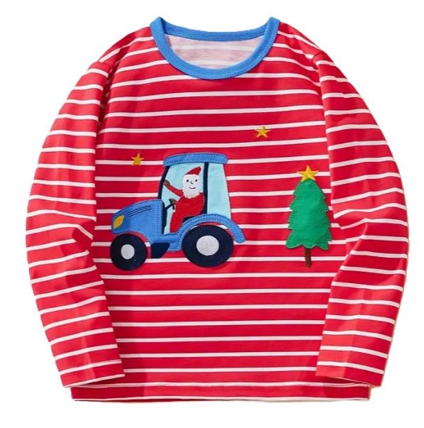 Santa Tractor Striped LS T Shirt