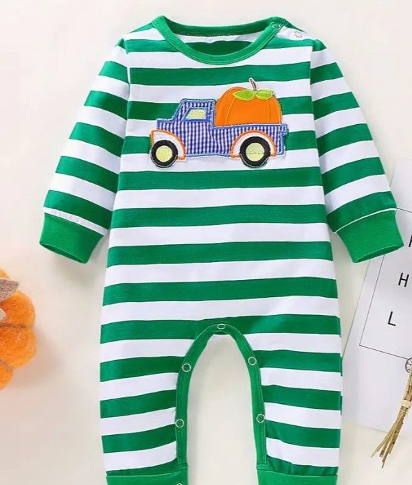 GREEN STRIPED PUMPKIN ROMPER