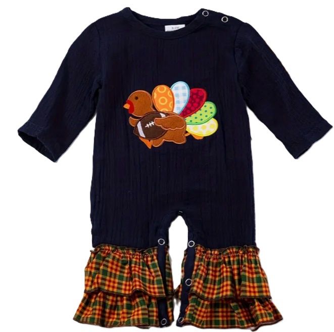 Navy Blue Football Girls Romper