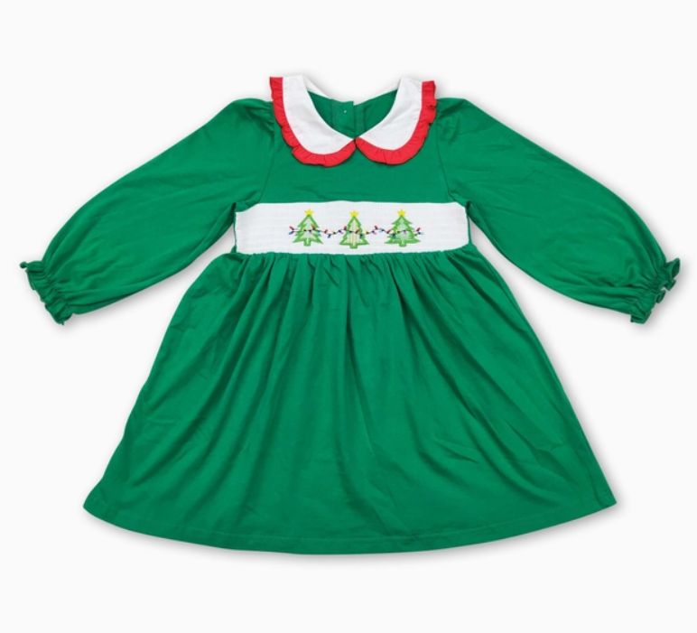 Green Smocked Christmas Tree Dress