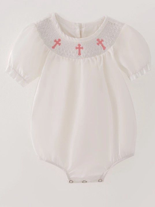 White Pink Smocked Cross Romper