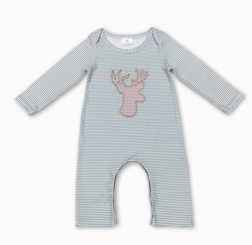 Green Stripe LS Deer Romper