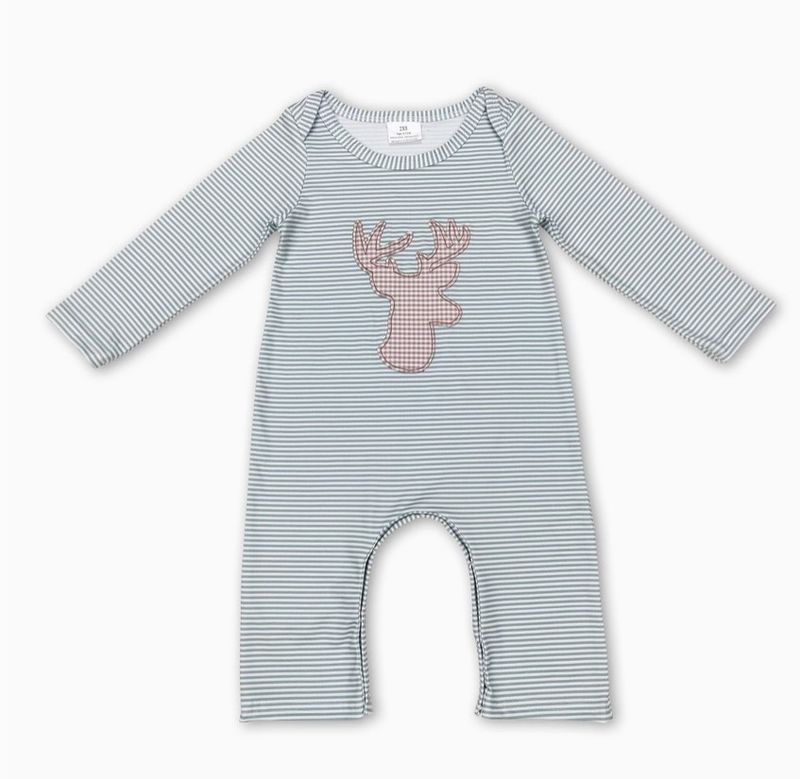 Green Stripe LS Deer Romper