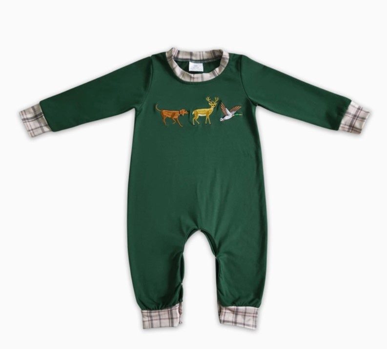 Green Dog, Duck, Buck LS Romper