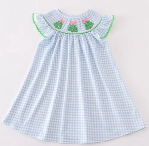 Blue Gingham Smocked French Knot Tree Dress