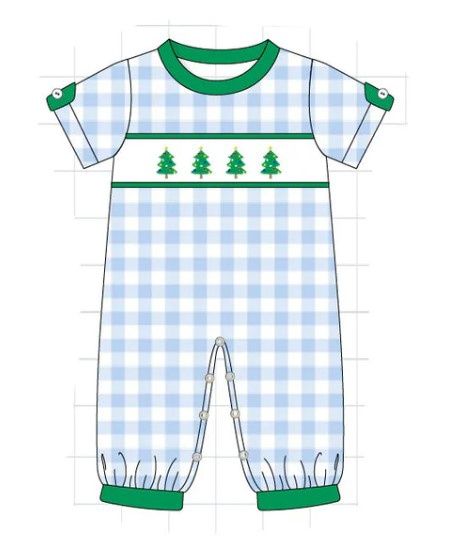 Blue Gingham French Knot Christmas Tree Romper