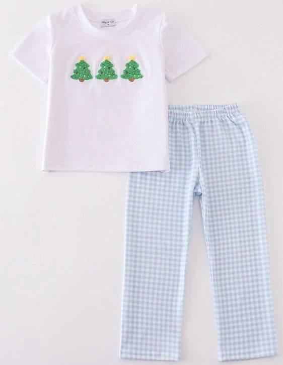 Blue Gingham French Knot Christmas Tree Set