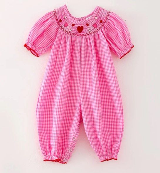 Pink Gingham Smocked Heart Romper