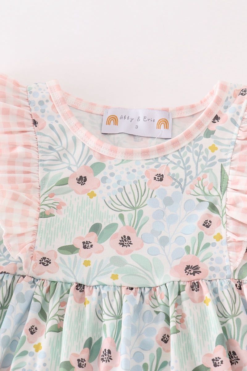 Green Floral Pink Gingham Dress