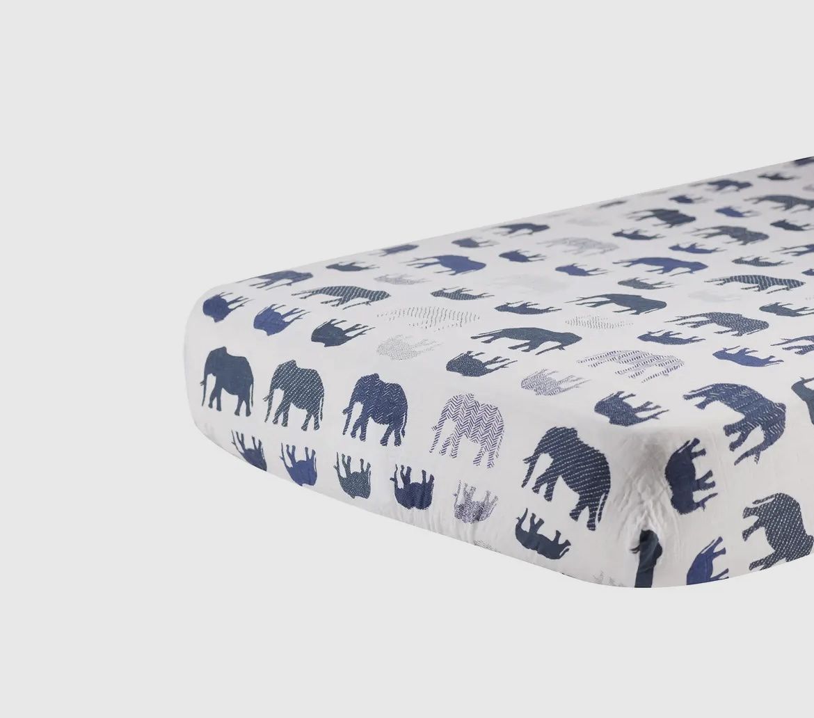Muslin Crib Sheet, Colour: Blue Elephant