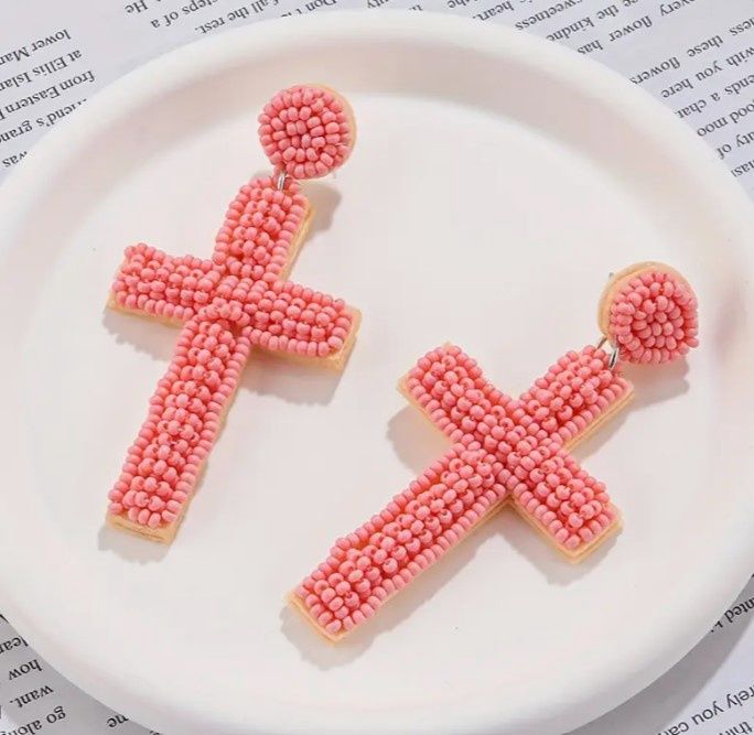 Beaded Cross Earrings, Colour: Pink