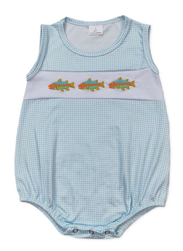 Aqua Embroidered Fish Romper, Size: 0-3M