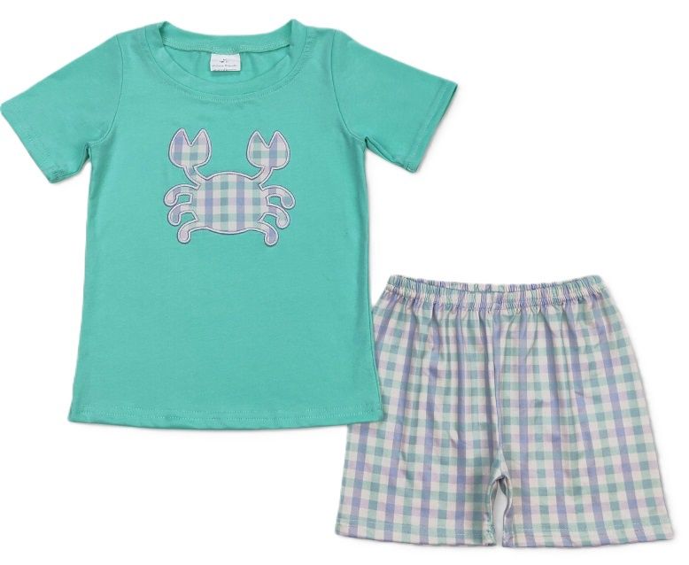 Teal Gingham Crab Set, Size: 12-18M
