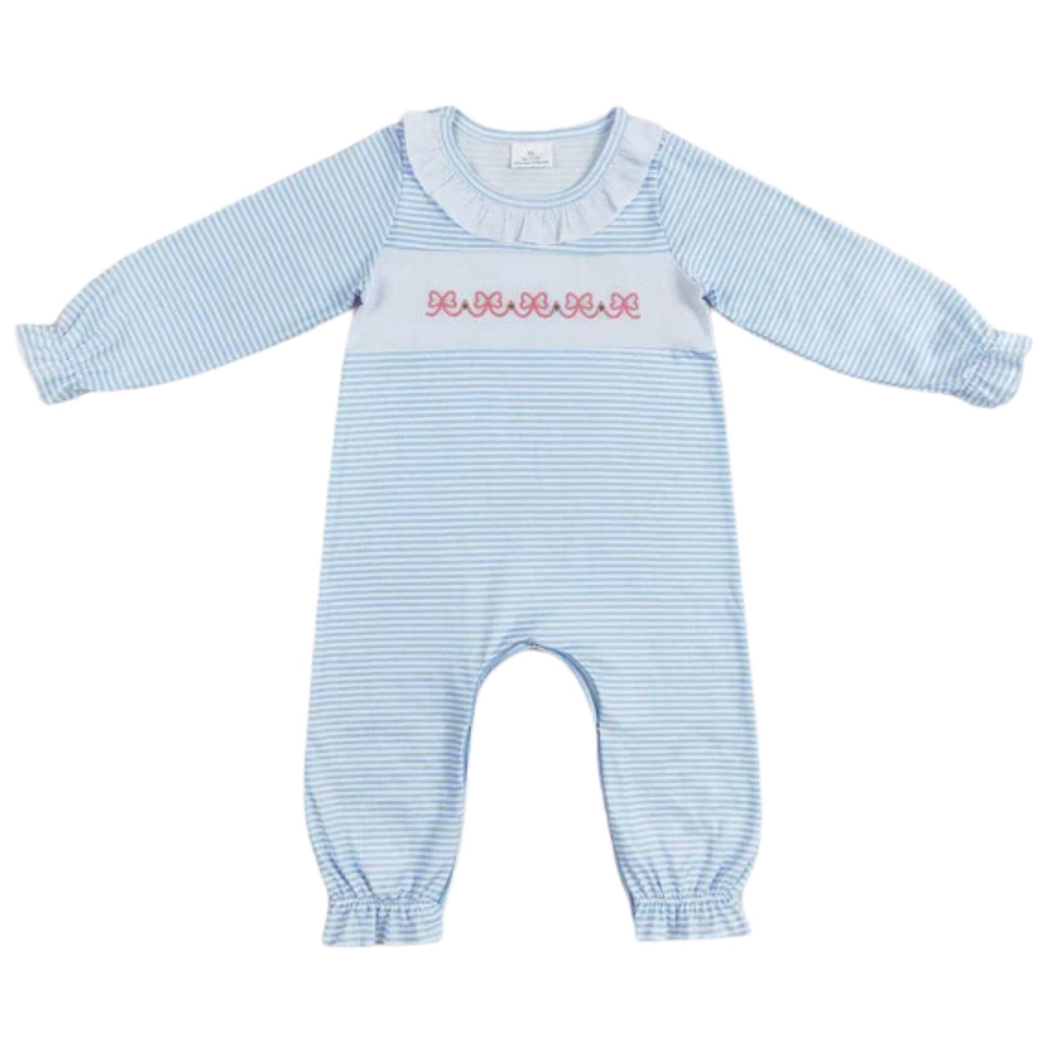 Blue Stripe Embroidered Bow Romper, Size: 3/6M