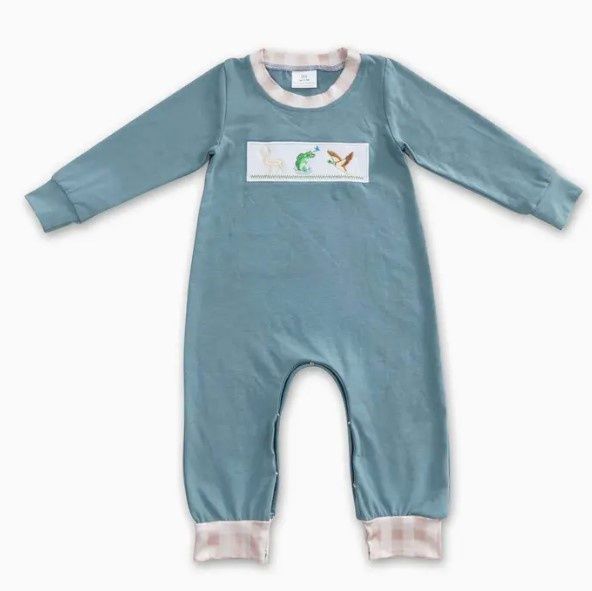 Dark Aqua Deer Bass Duck LS Romper
