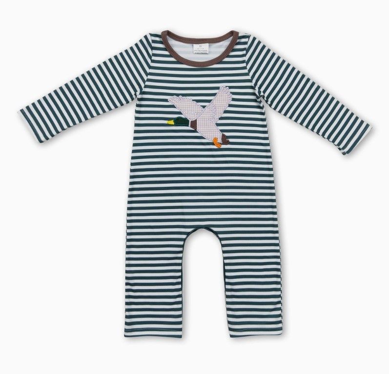 Green Stripe Duck LS Romper, Size: 0/3M