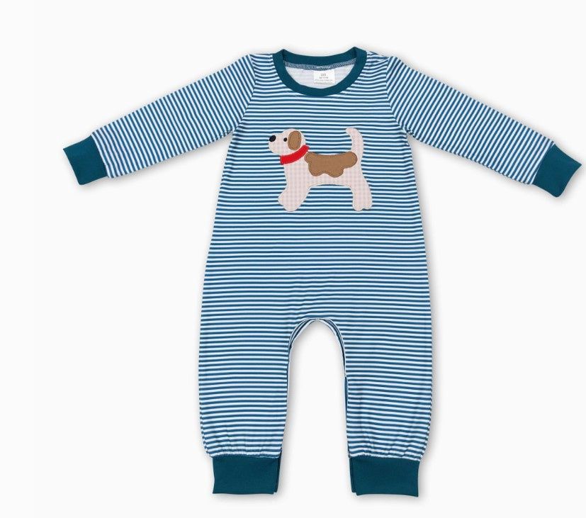 Green Stripe Puppy LS Romper