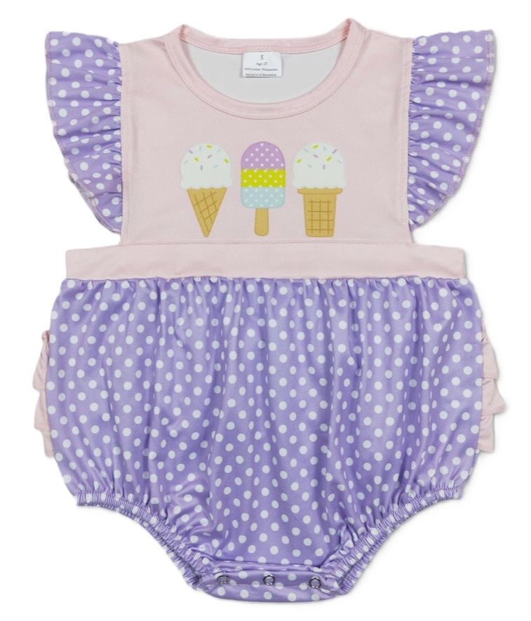 Pink Ice Cream Print Ruffle Butt Bubble, Size: 3/6M