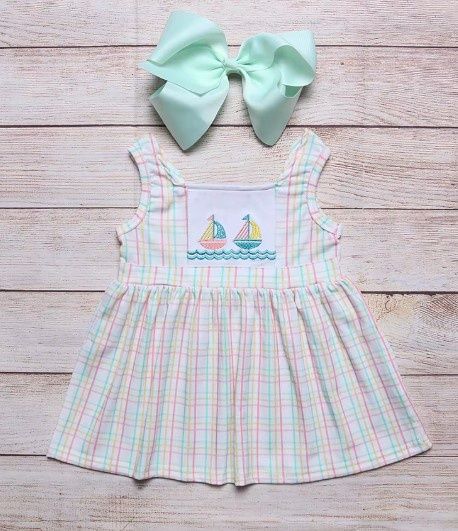 Pastel Plaid Embroidered Sailboat Dress, Size: 3T