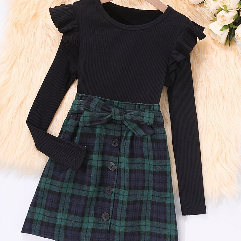 Youth Green Plaid Skirt Set