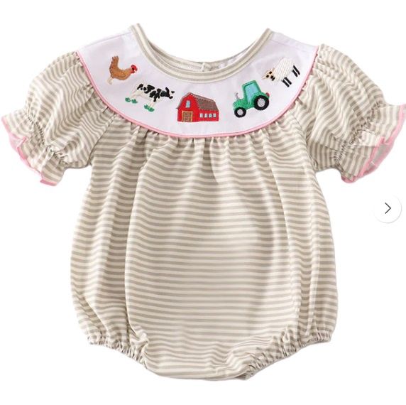 Brown Farm Embroidered Bubble, Size: 3M