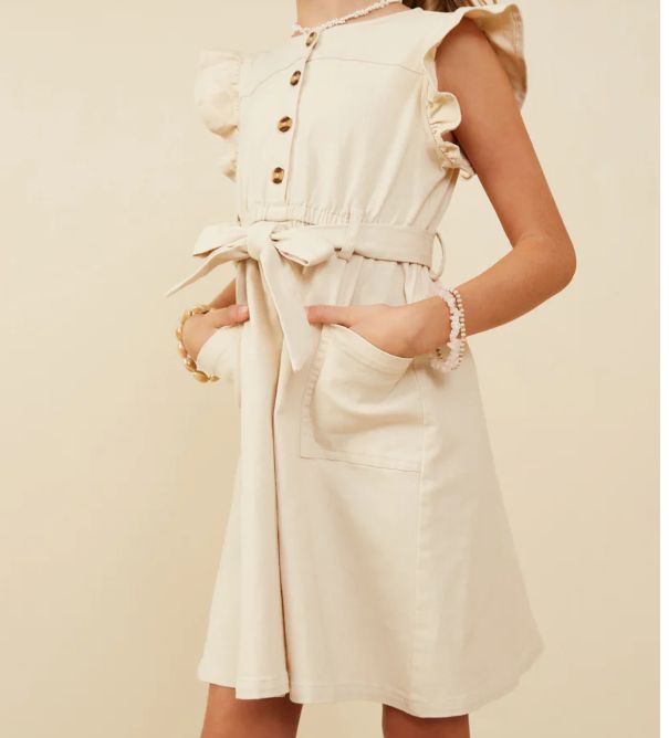 Cream Button Up Belted Dress