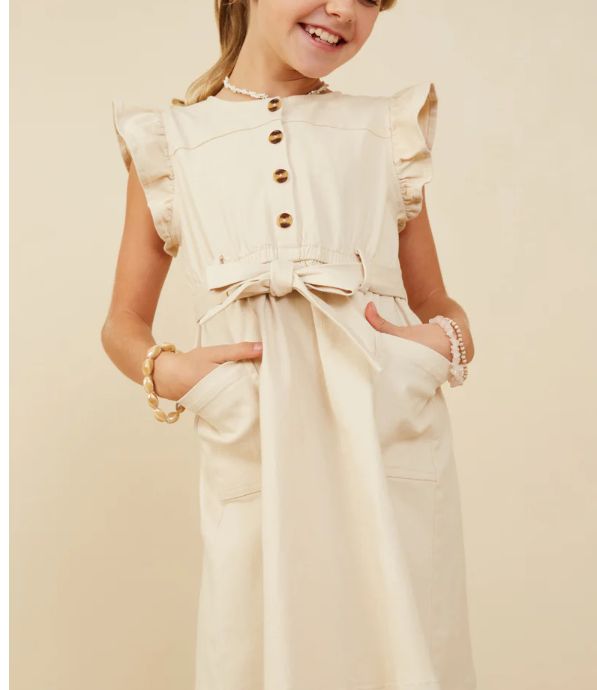 Cream Button Up Belted Dress, Size: 7/8